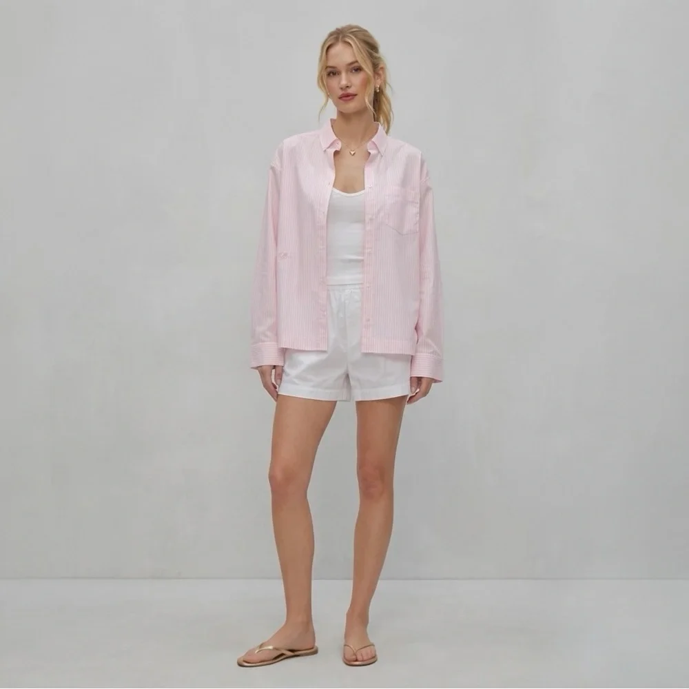 Free People x Frankies Bikinis Pink Stripe Pajama TopS Poplin Sleep Shirt S NWT
